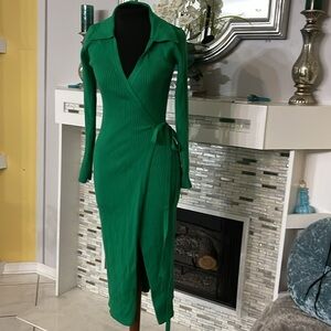 Micas stretchable ribbed knit wrap sweater dress OS